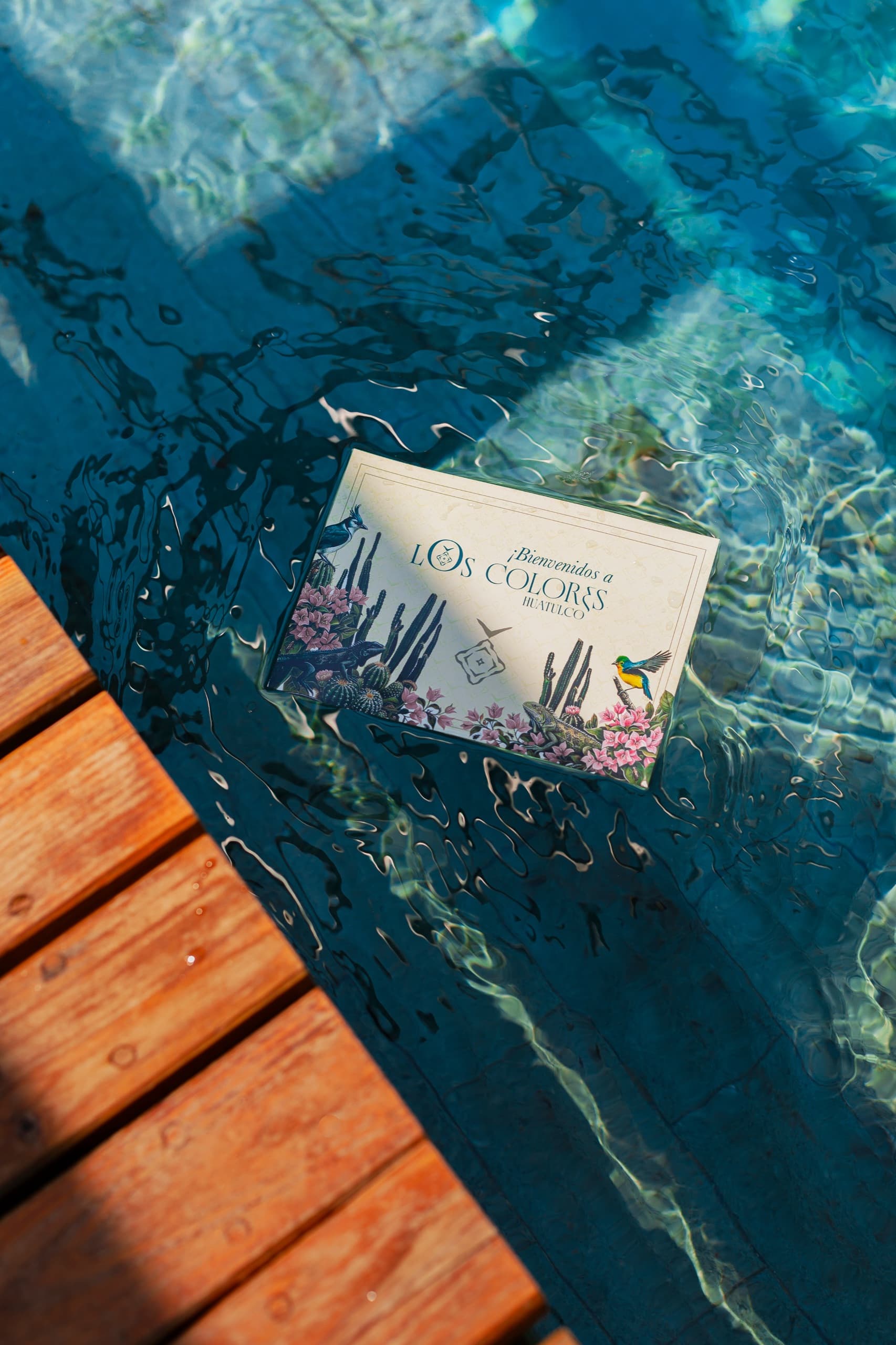 Los Colores welcome card floating on the pool